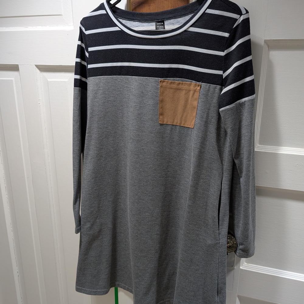 SHEIN Gray and Black Striped Dress with Tan Accent